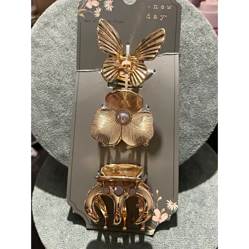 A New Day Gold Metal Butterfly Hair Clip Set of 3 with Pearl Accent